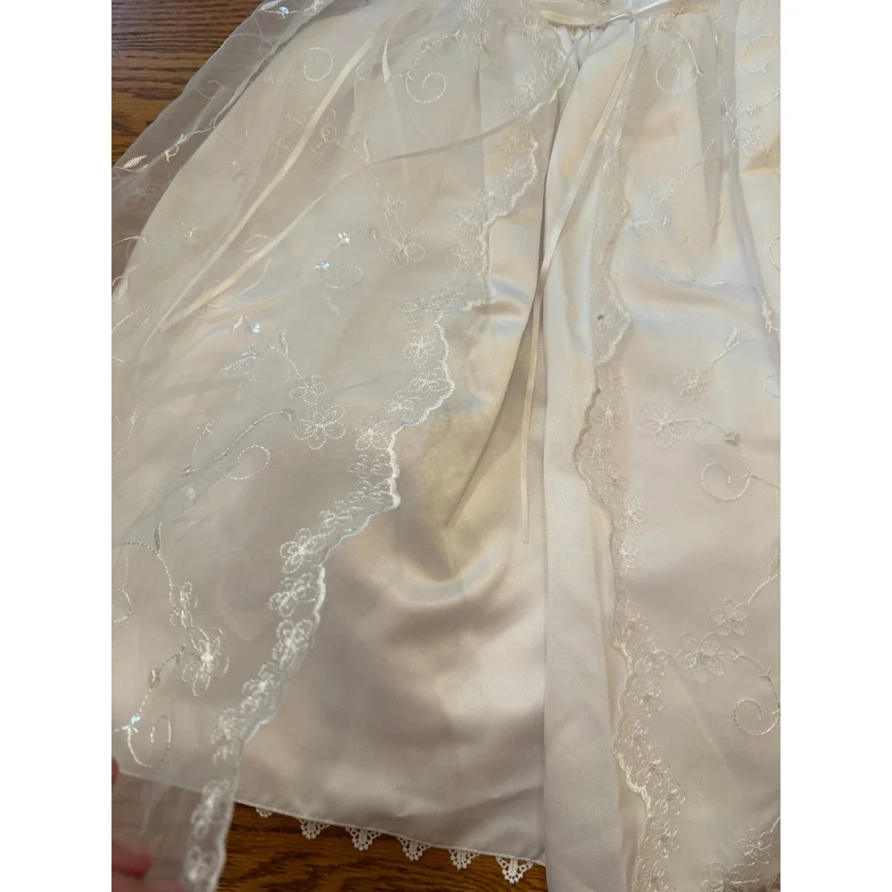 NWT Small World Christening Gown Baby 0-3 Mos White Embroidered Lace Bonnet Set